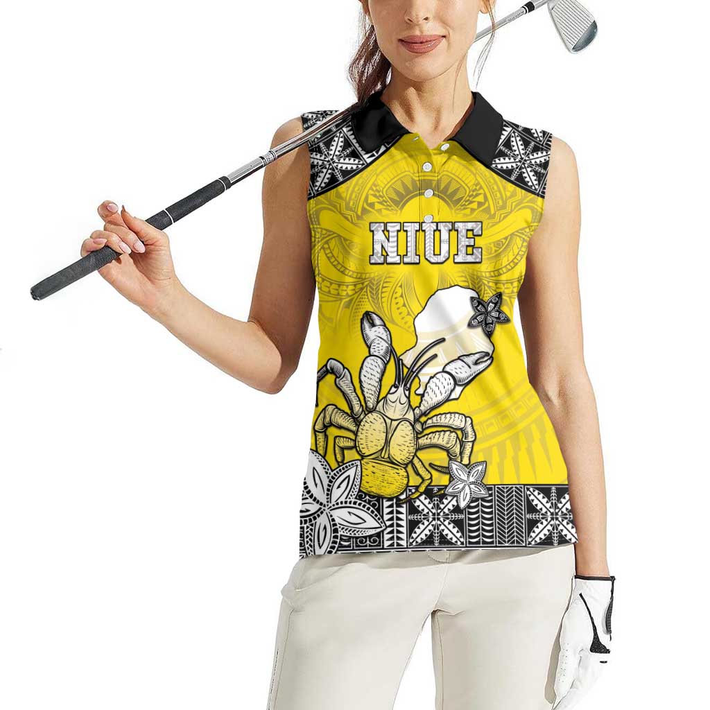 Personalised Happy Niue Constitution Day Women Sleeveless Polo Shirt Niuean Crab Hiapo Pattern Yellow Version