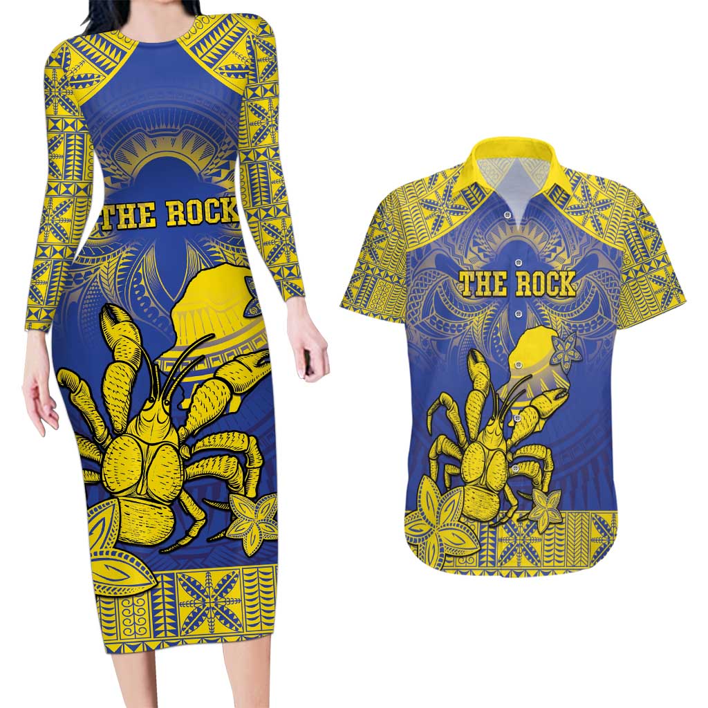Personalised Niue The Rock Couples Matching Long Sleeve Bodycon Dress and Hawaiian Shirt Niuean Crab Hiapo Pattern Blue Version LT05 Blue - Polynesian Pride