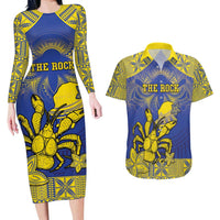 Personalised Niue The Rock Couples Matching Long Sleeve Bodycon Dress and Hawaiian Shirt Niuean Crab Hiapo Pattern Blue Version LT05 Blue - Polynesian Pride