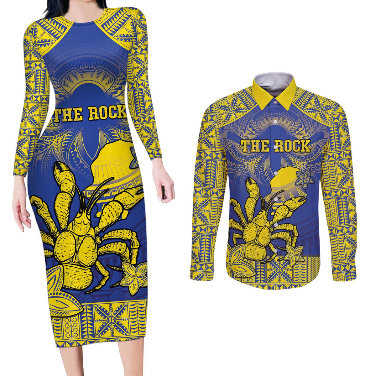Personalised Niue The Rock Couples Matching Long Sleeve Bodycon Dress and Long Sleeve Button Shirt Niuean Crab Hiapo Pattern Blue Version LT05 Blue - Polynesian Pride