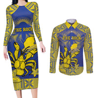 Personalised Niue The Rock Couples Matching Long Sleeve Bodycon Dress and Long Sleeve Button Shirt Niuean Crab Hiapo Pattern Blue Version LT05 Blue - Polynesian Pride