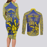 Personalised Niue The Rock Couples Matching Long Sleeve Bodycon Dress and Long Sleeve Button Shirt Niuean Crab Hiapo Pattern Blue Version LT05 - Polynesian Pride