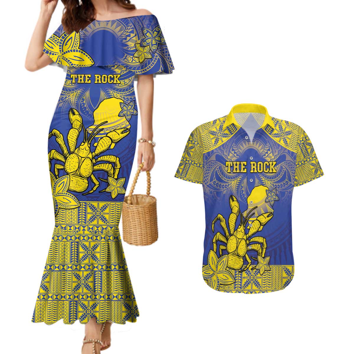 Personalised Niue The Rock Couples Matching Mermaid Dress and Hawaiian Shirt Niuean Crab Hiapo Pattern Blue Version LT05 Blue - Polynesian Pride