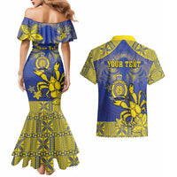 Personalised Niue The Rock Couples Matching Mermaid Dress and Hawaiian Shirt Niuean Crab Hiapo Pattern Blue Version LT05 - Polynesian Pride