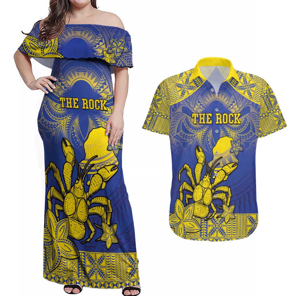 Personalised Niue The Rock Couples Matching Off Shoulder Maxi Dress and Hawaiian Shirt Niuean Crab Hiapo Pattern Blue Version LT05 Blue - Polynesian Pride