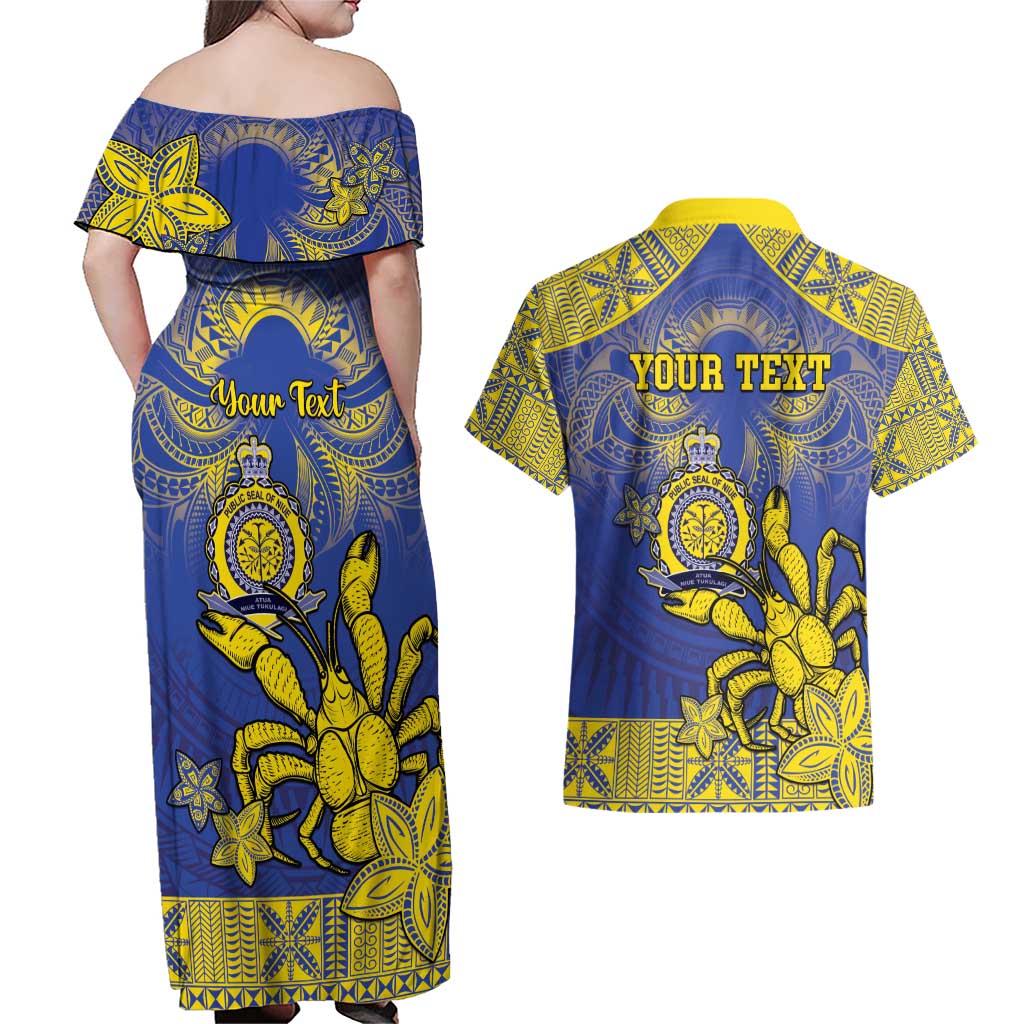 Personalised Niue The Rock Couples Matching Off Shoulder Maxi Dress and Hawaiian Shirt Niuean Crab Hiapo Pattern Blue Version LT05 - Polynesian Pride