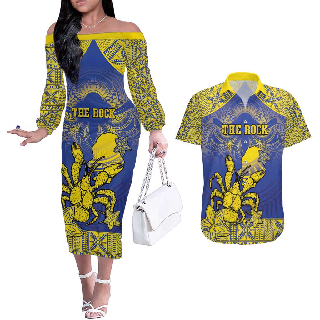 Personalised Niue The Rock Couples Matching Off The Shoulder Long Sleeve Dress and Hawaiian Shirt Niuean Crab Hiapo Pattern Blue Version LT05 Blue - Polynesian Pride