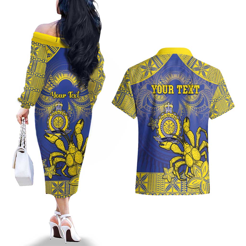Personalised Niue The Rock Couples Matching Off The Shoulder Long Sleeve Dress and Hawaiian Shirt Niuean Crab Hiapo Pattern Blue Version LT05 - Polynesian Pride