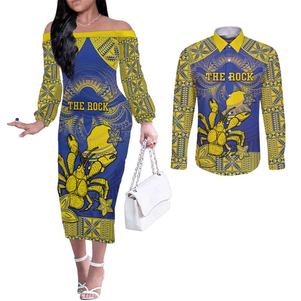 Personalised Niue The Rock Couples Matching Off The Shoulder Long Sleeve Dress and Long Sleeve Button Shirt Niuean Crab Hiapo Pattern Blue Version LT05 Blue - Polynesian Pride