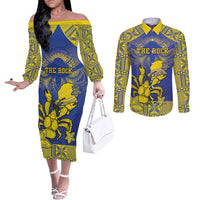Personalised Niue The Rock Couples Matching Off The Shoulder Long Sleeve Dress and Long Sleeve Button Shirt Niuean Crab Hiapo Pattern Blue Version LT05 Blue - Polynesian Pride