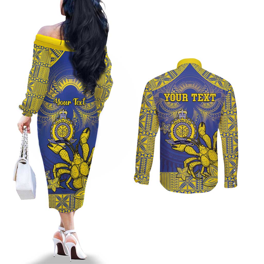 Personalised Niue The Rock Couples Matching Off The Shoulder Long Sleeve Dress and Long Sleeve Button Shirt Niuean Crab Hiapo Pattern Blue Version LT05 - Polynesian Pride