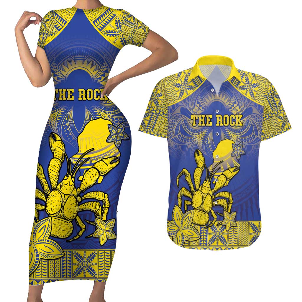 Personalised Niue The Rock Couples Matching Short Sleeve Bodycon Dress and Hawaiian Shirt Niuean Crab Hiapo Pattern Blue Version LT05 Blue - Polynesian Pride