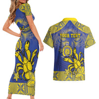 Personalised Niue The Rock Couples Matching Short Sleeve Bodycon Dress and Hawaiian Shirt Niuean Crab Hiapo Pattern Blue Version LT05 - Polynesian Pride