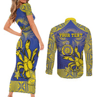 Personalised Niue The Rock Couples Matching Short Sleeve Bodycon Dress and Long Sleeve Button Shirt Niuean Crab Hiapo Pattern Blue Version LT05 - Polynesian Pride