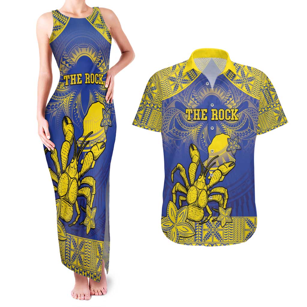 Personalised Niue The Rock Couples Matching Tank Maxi Dress and Hawaiian Shirt Niuean Crab Hiapo Pattern Blue Version LT05 Blue - Polynesian Pride