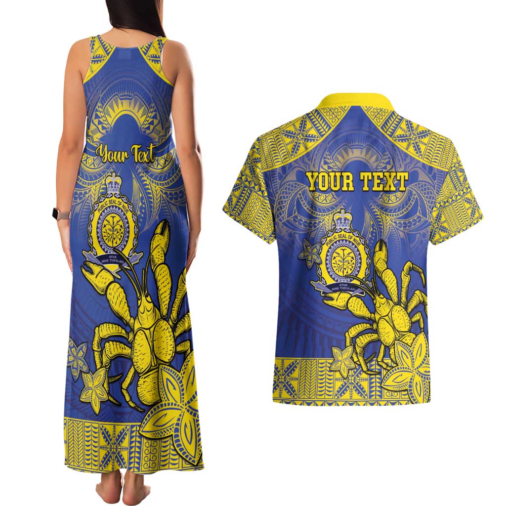 Personalised Niue The Rock Couples Matching Tank Maxi Dress and Hawaiian Shirt Niuean Crab Hiapo Pattern Blue Version LT05 - Polynesian Pride