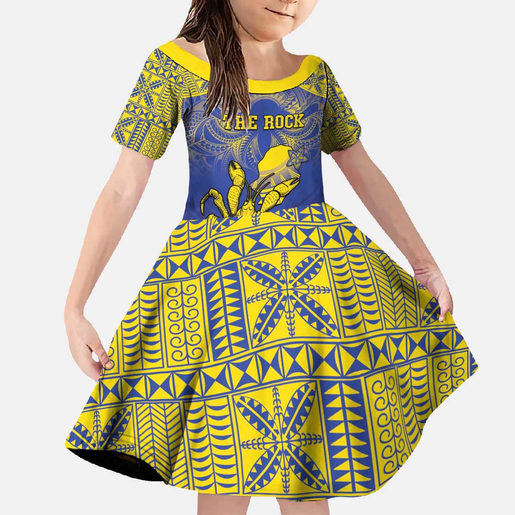 Personalised Niue The Rock Family Matching Long Sleeve Bodycon Dress and Hawaiian Shirt Niuean Crab Hiapo Pattern Blue Version LT05 Daughter's Dress Blue - Polynesian Pride
