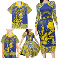 Personalised Niue The Rock Family Matching Long Sleeve Bodycon Dress and Hawaiian Shirt Niuean Crab Hiapo Pattern Blue Version LT05 - Polynesian Pride