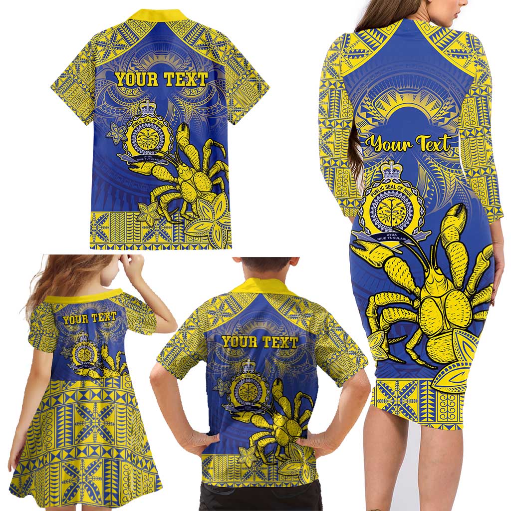 Personalised Niue The Rock Family Matching Long Sleeve Bodycon Dress and Hawaiian Shirt Niuean Crab Hiapo Pattern Blue Version LT05 - Polynesian Pride