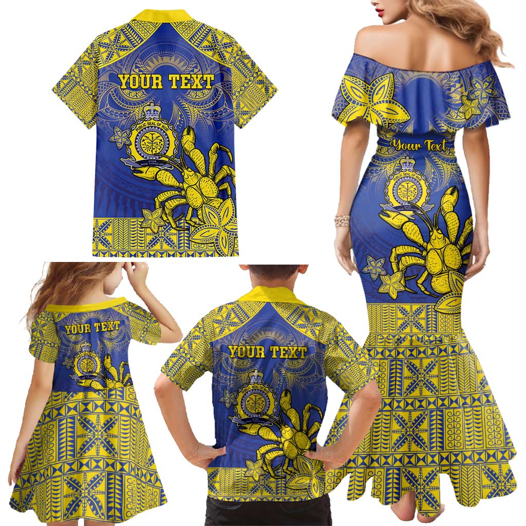 Personalised Niue The Rock Family Matching Mermaid Dress and Hawaiian Shirt Niuean Crab Hiapo Pattern Blue Version LT05 - Polynesian Pride