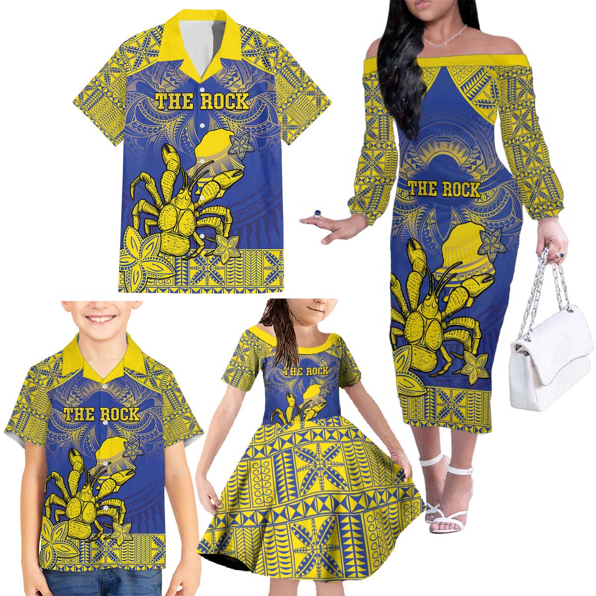 Personalised Niue The Rock Family Matching Off The Shoulder Long Sleeve Dress and Hawaiian Shirt Niuean Crab Hiapo Pattern Blue Version LT05 - Polynesian Pride