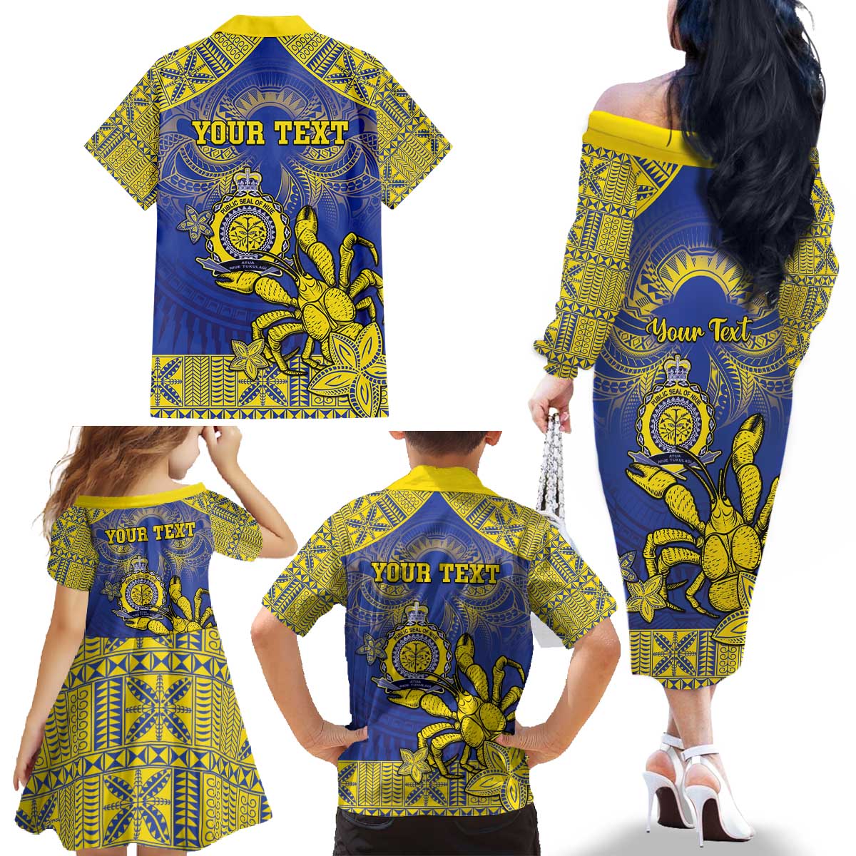 Personalised Niue The Rock Family Matching Off The Shoulder Long Sleeve Dress and Hawaiian Shirt Niuean Crab Hiapo Pattern Blue Version LT05 - Polynesian Pride