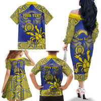 Personalised Niue The Rock Family Matching Off The Shoulder Long Sleeve Dress and Hawaiian Shirt Niuean Crab Hiapo Pattern Blue Version LT05 - Polynesian Pride
