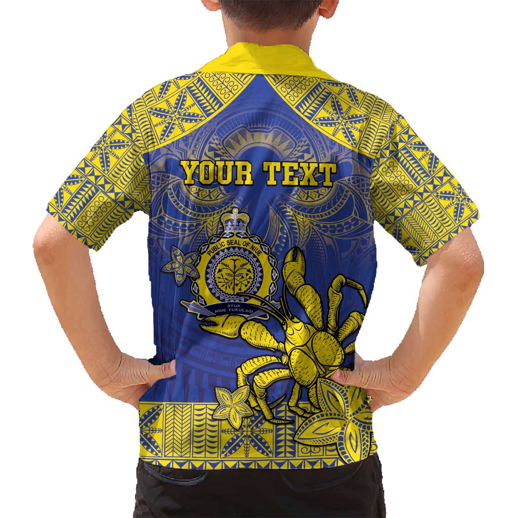 Personalised Niue The Rock Family Matching Off Shoulder Maxi Dress and Hawaiian Shirt Niuean Crab Hiapo Pattern Blue Version LT05 - Polynesian Pride