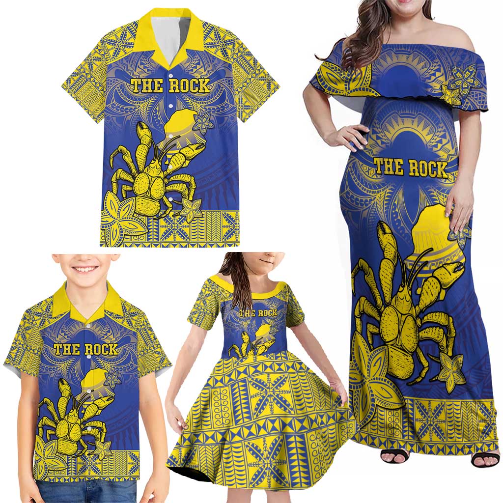 Personalised Niue The Rock Family Matching Off Shoulder Maxi Dress and Hawaiian Shirt Niuean Crab Hiapo Pattern Blue Version LT05 - Polynesian Pride