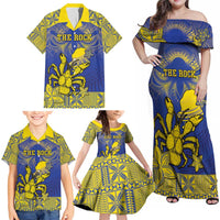 Personalised Niue The Rock Family Matching Off Shoulder Maxi Dress and Hawaiian Shirt Niuean Crab Hiapo Pattern Blue Version LT05 - Polynesian Pride