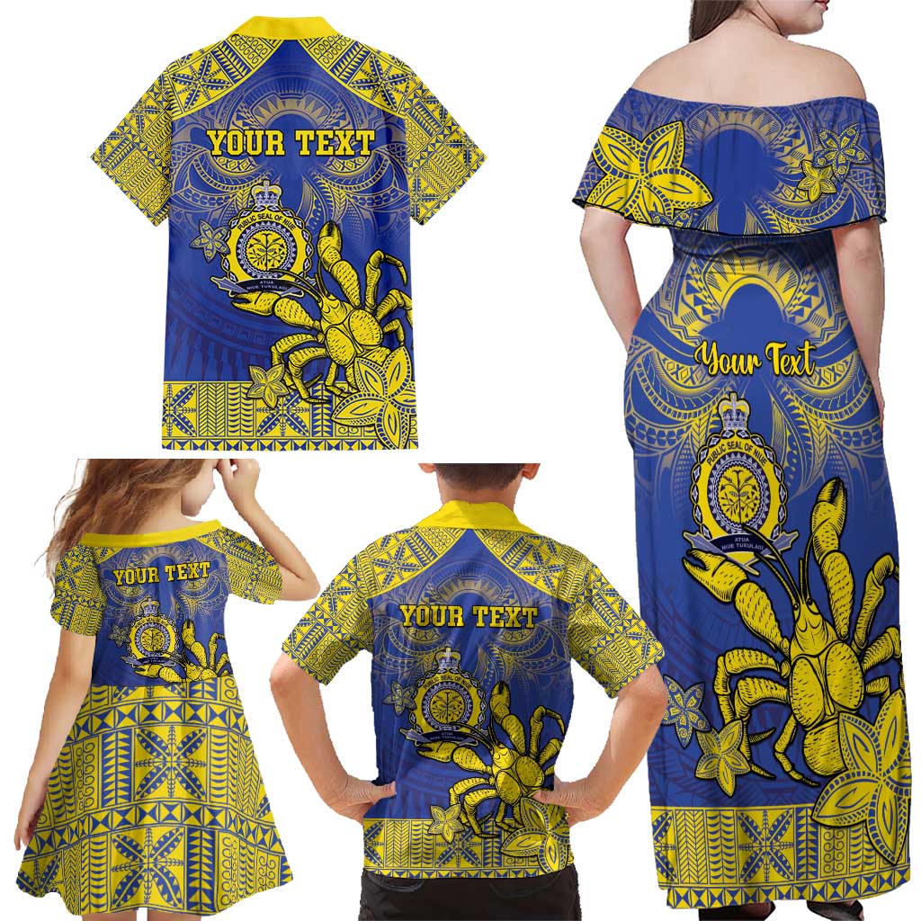 Personalised Niue The Rock Family Matching Off Shoulder Maxi Dress and Hawaiian Shirt Niuean Crab Hiapo Pattern Blue Version LT05 - Polynesian Pride