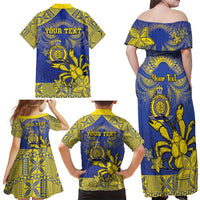 Personalised Niue The Rock Family Matching Off Shoulder Maxi Dress and Hawaiian Shirt Niuean Crab Hiapo Pattern Blue Version LT05 - Polynesian Pride
