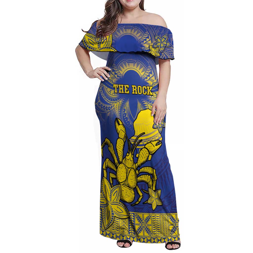 Personalised Niue The Rock Family Matching Off Shoulder Maxi Dress and Hawaiian Shirt Niuean Crab Hiapo Pattern Blue Version LT05 Mom's Dress Blue - Polynesian Pride