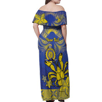 Personalised Niue The Rock Family Matching Off Shoulder Maxi Dress and Hawaiian Shirt Niuean Crab Hiapo Pattern Blue Version LT05 - Polynesian Pride