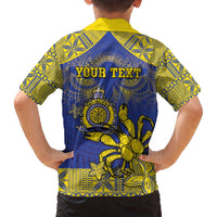 Personalised Niue The Rock Family Matching Off Shoulder Short Dress and Hawaiian Shirt Niuean Crab Hiapo Pattern Blue Version LT05 - Polynesian Pride