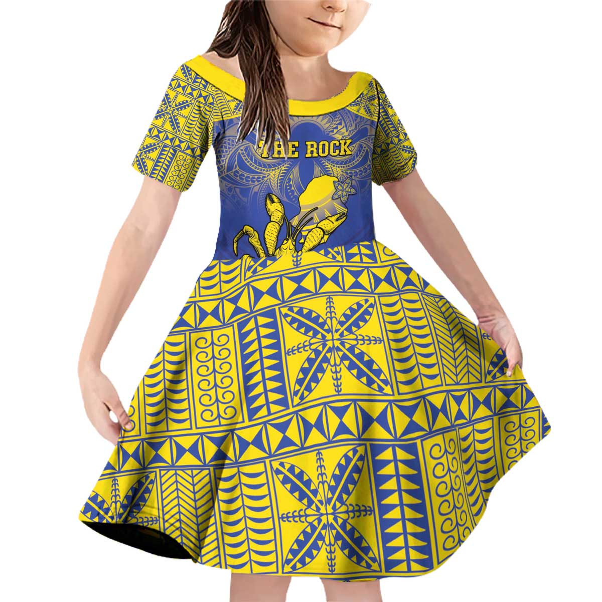 Personalised Niue The Rock Family Matching Off Shoulder Short Dress and Hawaiian Shirt Niuean Crab Hiapo Pattern Blue Version LT05 Daughter's Dress Blue - Polynesian Pride