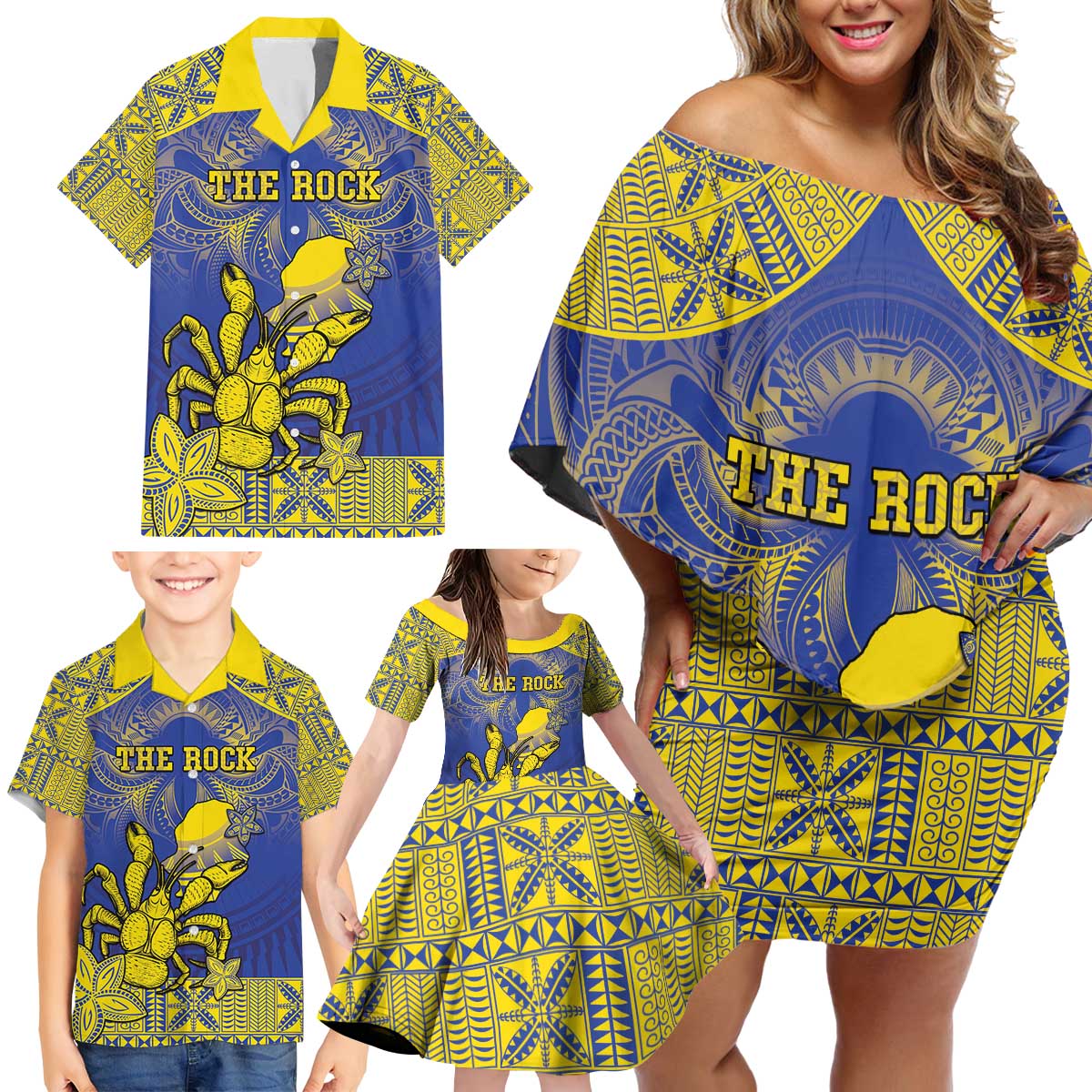 Personalised Niue The Rock Family Matching Off Shoulder Short Dress and Hawaiian Shirt Niuean Crab Hiapo Pattern Blue Version LT05 - Polynesian Pride
