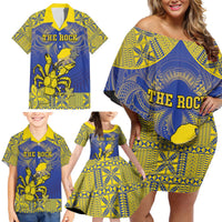 Personalised Niue The Rock Family Matching Off Shoulder Short Dress and Hawaiian Shirt Niuean Crab Hiapo Pattern Blue Version LT05 - Polynesian Pride