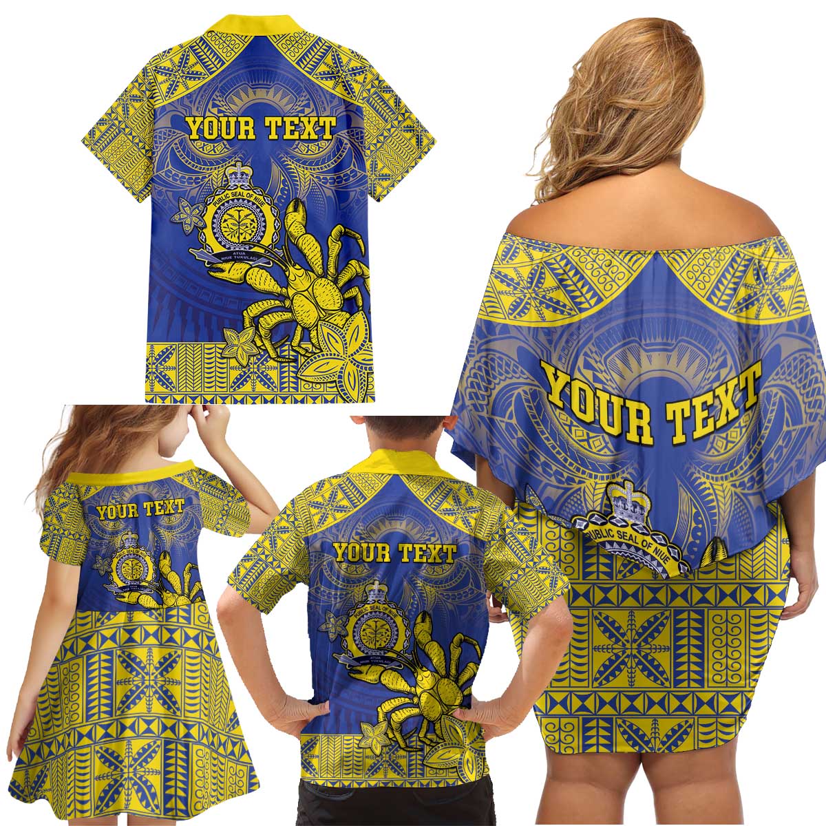 Personalised Niue The Rock Family Matching Off Shoulder Short Dress and Hawaiian Shirt Niuean Crab Hiapo Pattern Blue Version LT05 - Polynesian Pride