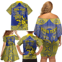 Personalised Niue The Rock Family Matching Off Shoulder Short Dress and Hawaiian Shirt Niuean Crab Hiapo Pattern Blue Version LT05 - Polynesian Pride