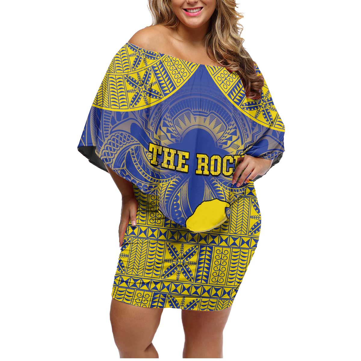 Personalised Niue The Rock Family Matching Off Shoulder Short Dress and Hawaiian Shirt Niuean Crab Hiapo Pattern Blue Version LT05 Mom's Dress Blue - Polynesian Pride