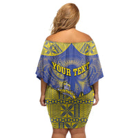 Personalised Niue The Rock Family Matching Off Shoulder Short Dress and Hawaiian Shirt Niuean Crab Hiapo Pattern Blue Version LT05 - Polynesian Pride