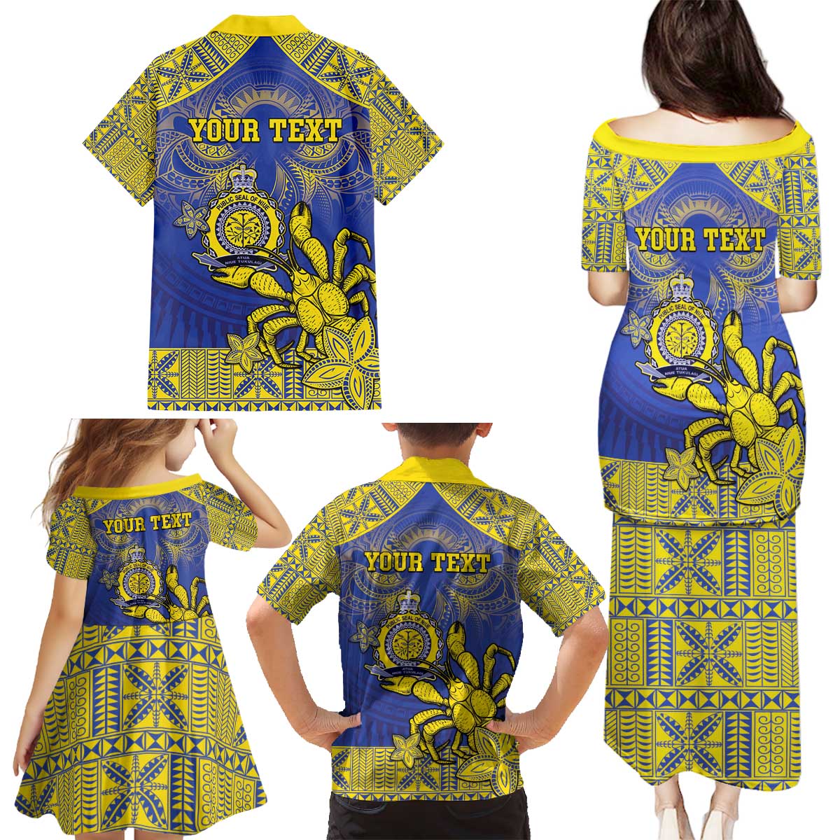 Personalised Niue The Rock Family Matching Puletasi and Hawaiian Shirt Niuean Crab Hiapo Pattern Blue Version LT05 - Polynesian Pride