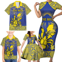 Personalised Niue The Rock Family Matching Short Sleeve Bodycon Dress and Hawaiian Shirt Niuean Crab Hiapo Pattern Blue Version LT05 - Polynesian Pride