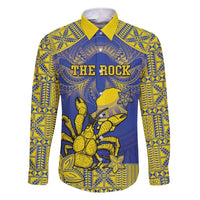 Personalised Niue The Rock Family Matching Short Sleeve Bodycon Dress and Hawaiian Shirt Niuean Crab Hiapo Pattern Blue Version LT05 Dad's Shirt - Long Sleeve Blue - Polynesian Pride