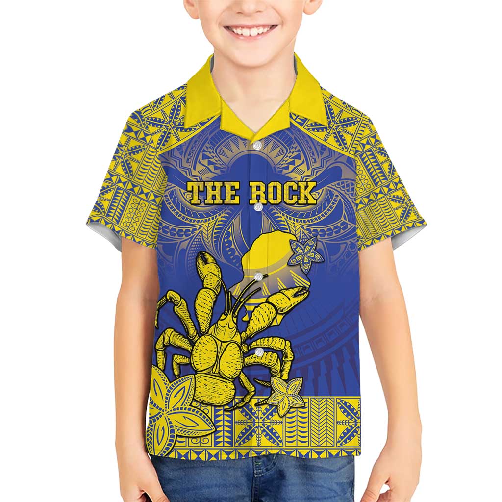 Personalised Niue The Rock Family Matching Short Sleeve Bodycon Dress and Hawaiian Shirt Niuean Crab Hiapo Pattern Blue Version LT05 Son's Shirt Blue - Polynesian Pride