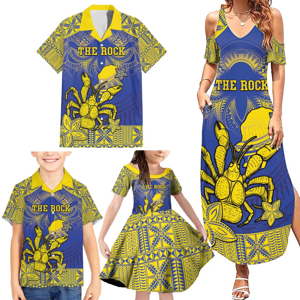 Personalised Niue The Rock Family Matching Summer Maxi Dress and Hawaiian Shirt Niuean Crab Hiapo Pattern Blue Version LT05 - Polynesian Pride