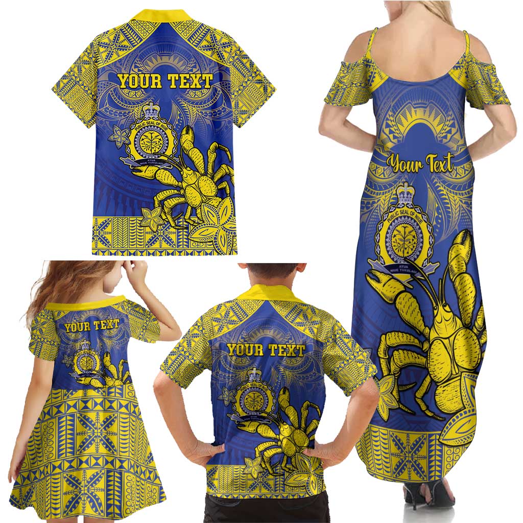 Personalised Niue The Rock Family Matching Summer Maxi Dress and Hawaiian Shirt Niuean Crab Hiapo Pattern Blue Version LT05 - Polynesian Pride