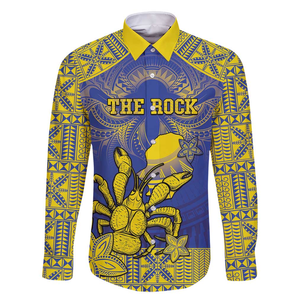 Personalised Niue The Rock Family Matching Summer Maxi Dress and Hawaiian Shirt Niuean Crab Hiapo Pattern Blue Version LT05 Dad's Shirt - Long Sleeve Blue - Polynesian Pride