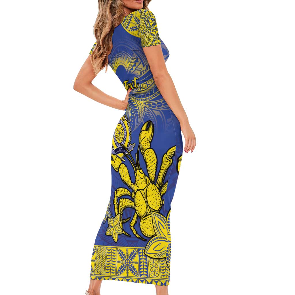 Personalised Niue The Rock Short Sleeve Bodycon Dress Niuean Crab Hiapo Pattern Blue Version